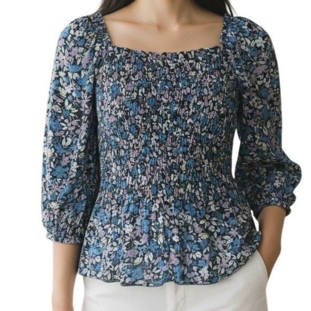 NANETTE LEPORE Retro Blue  Pink and White Floral Gathered Top EUC Size‎ Small